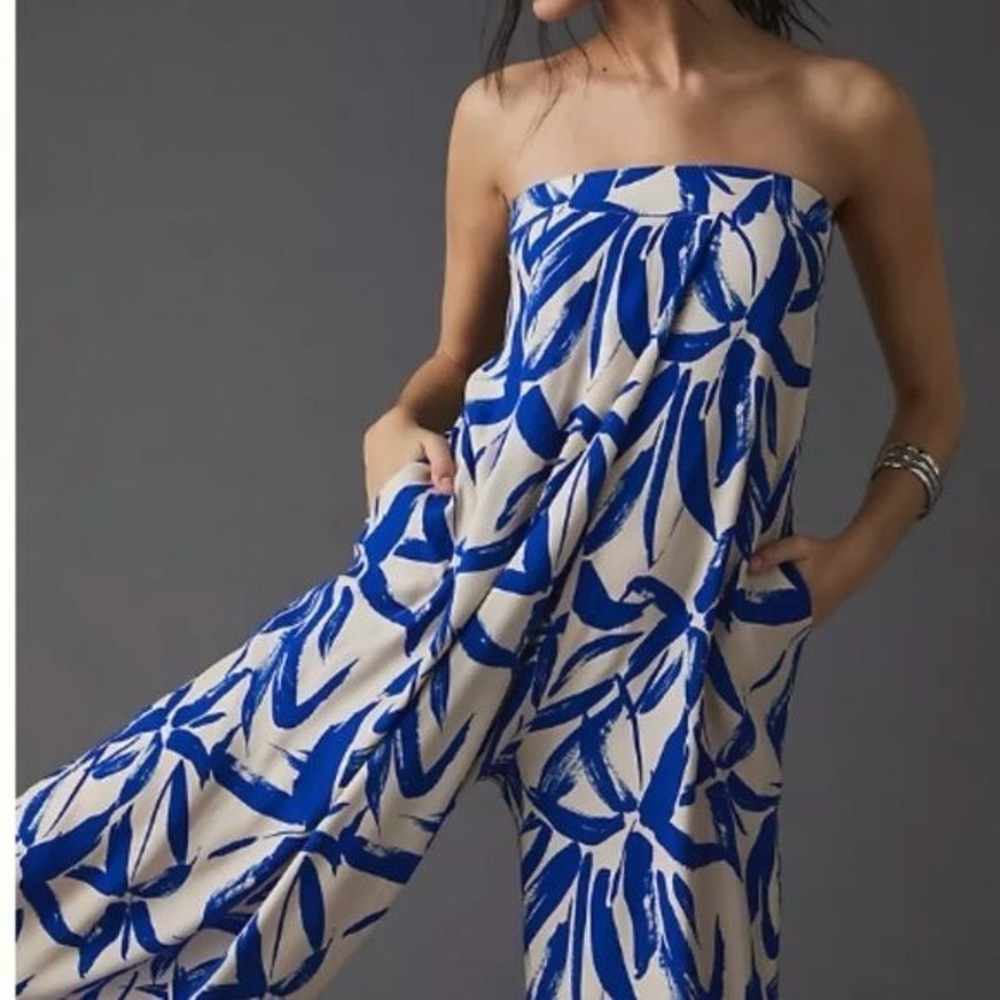 Corey Lynn Calter Strapless Blue and Cream Jumpsuit w/ Pockets